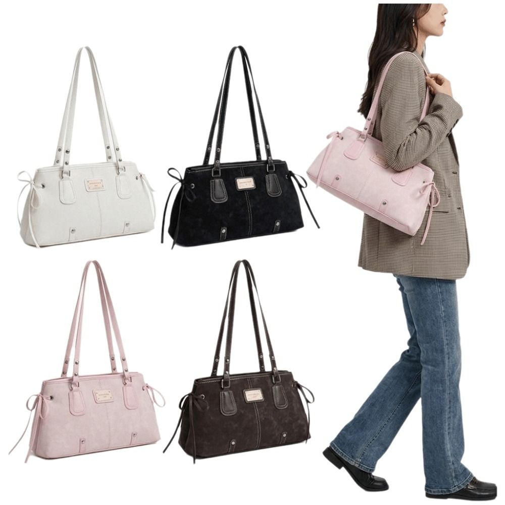 Structured Handbag Top Handle - กระเป๋าถือหนังเทียมสไตล์มินิมอล ดีไซน์เรียบง่าย พร้อมหูจับคู่ สายสะพายไหล่ ตะเข็บตัดสี ซิปปิดด้านบน