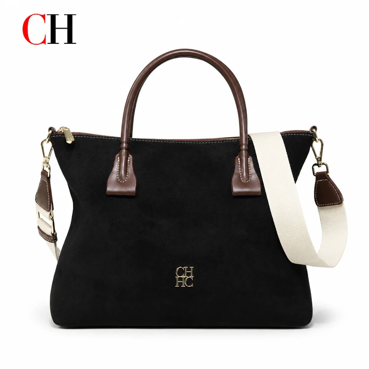 Structured Handbag Top Handle - กระเป๋าถือผู้หญิง CH Premium ทำจากหนังกลับ พร้อมหูจับด้านบน สายสะพายกว้างที่ถอดออกได้