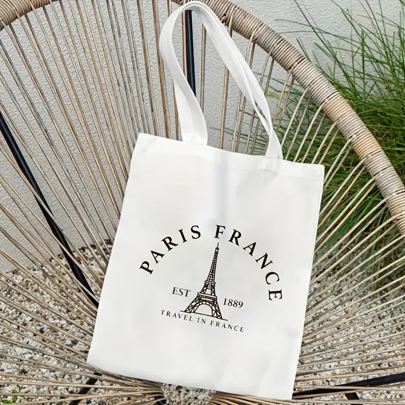 Canvas Tote Designer - กระเป๋าเดินทางลายปารีสสำหรับผู้หญิง กระเป๋าสะพายไหล่ลายหอไอเฟล กระเป๋าเดินทางลายปารีส โครงสร้างแข็งแรง